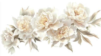 Obraz premium A cluster of white peonies with soft pink accents, their layered petals intricately detailed, arranged on a clean white background in a classic vintage painting style.