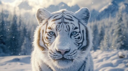 A front-facing close-up of a white tiger, its nose and fur frosted with ice crystals, with a snowy forest and distant mountains softly blurred in the background