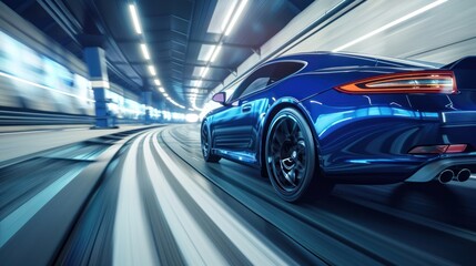 Blue car at high speed along the highway, AI generated image