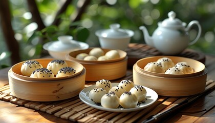 Authentic Chinese Dim Sum Feast with Jasmine Tea and Steamed Buns in Natural Setting