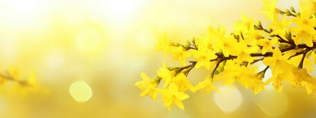 Bright Yellow Forsythia Flowers Blooming in Springtime Light with Gentle Artistic Bokeh Background