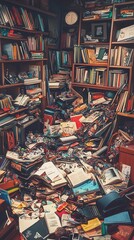 A chaotic pile of books and papers in a messy room