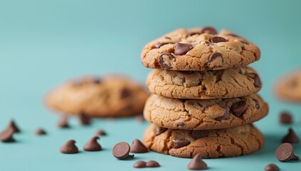 Chocolate Chip Cookies Stacked on a Teal Background