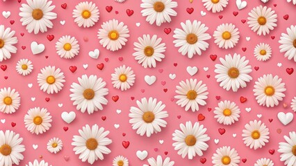 Lovely floral pattern with hearts and daisies on pink background