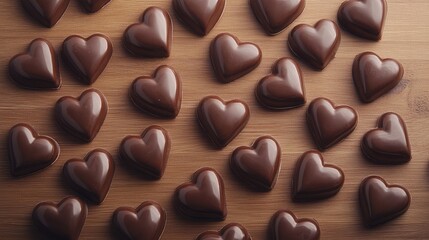 Fototapeta premium A Beautiful Arrangement of Handmade Chocolate Hearts on a Wooden Surface for Sweet Celebrations and Romantic Occasions, Perfect for Treats or Gifts