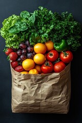Full paper bag with food. Flat lay. A filled paper bag with a variety of different healthy foods. on a white background.