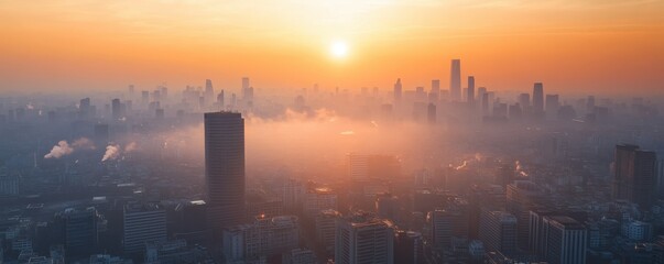 A serene sunrise over a cityscape, shrouded in mist, with skyscrapers silhouetted against the vibrant orange and yellow hues of dawn.