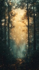 Obraz premium Magical forest path with glowing fireflies and soft sunlight.