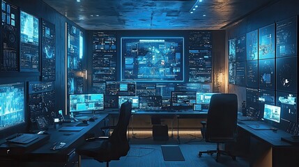 A futuristic, dimly lit, high-tech security room with multiple computer monitors displaying data and information. The room has two desks with black chairs and a large wall screen in the background.