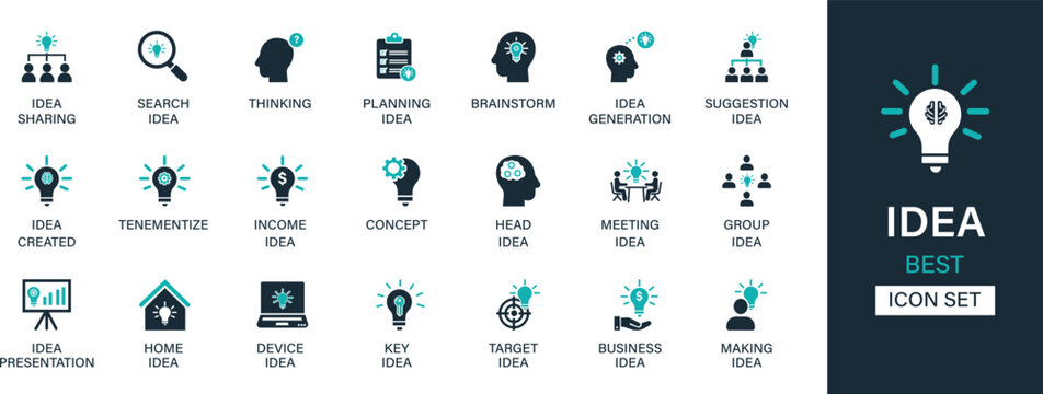 Idea icon set collection. Idea sharing, search idea, thinking, planning idea, brainstorm, idea generation, suggestion, idea created,  and best solid icon set.