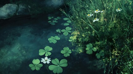 Fototapeta premium Serene Pond: Clover, Daisies, and Tranquil Waters