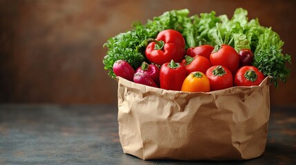 Full paper bag with food. Flat lay. A filled paper bag with a variety of different healthy foods. on a white background.