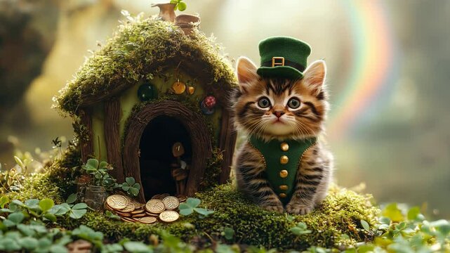 Cat wearing green leprechaun hat and costume with rainbow and clovers, sitting next to leprechaun's house. Luck and fortune concept. with copy space. St Patrick's Day celebration. 