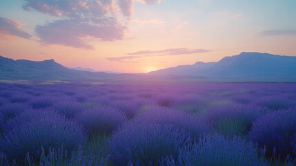 Lavender Field at Sunset: A peaceful lavender field at dusk, with majestic mountains in the distance, evoking tranquility and natural beauty--ideal for relaxation and travel inspiration