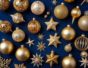 A close-up of gold Christmas ornaments arranged in a row against a dark blue background