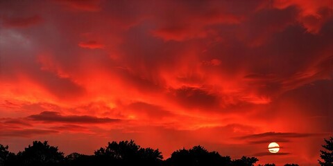 Fototapeta premium Fiery Red Sunset Sky Dramatic Cloudscape Full Sun