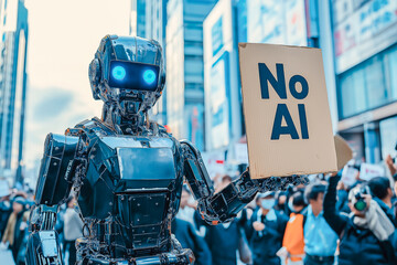 Humanoid robot holding cardboard that says "NO Al",