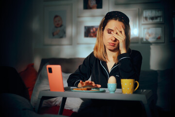 Woman Refusing to Eat Breakfast in bed in the Morning. Unhappy lady trying intermittent fasting...