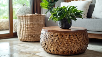 Living room interior with wooden coffee table and wicker basket near gray sofa, AI generated image
