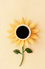 Cup of coffee and flower petals on a beige background. Flat lay, top view