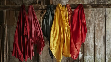 Vibrant Hand-Dyed Fabrics Hanging on Rustic Wooden Wall
