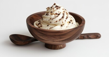 Recipes, cooking, and food photography are made easier with this white background with sour cream in a wooden basin with a spoon, Generative AI.