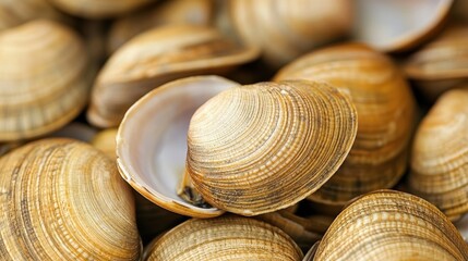 Close-up of hard-shelled clams, showing texture and color variations. Perfect for culinary, seafood, or nature themes.