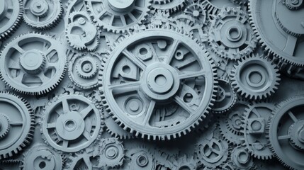 Intricate Gray Gears and Cogs Arrangement Highlighting Mechanical Design Elements in a Symmetrical Pattern for Engineering and Industrial Concepts