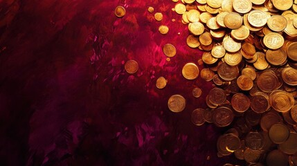 A vibrant collection of gold coins arranged in loose piles, glowing against a deep burgundy background