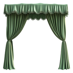 The curtains are green and have a lace trim.