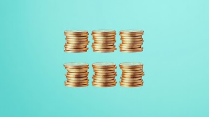 Stacks of coins arranged symmetrically with soft golden reflections, isolated on a gradient blue background