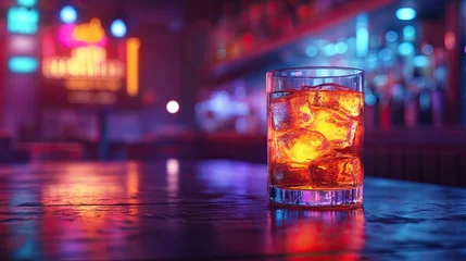 A glass of amber liquid with ice cubes sits on a bar counter in a dimly lit bar with colorful neon lights in the background.