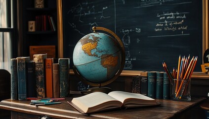 A vintage classroom setting with an open book, globe, and colored pencils on a wooden desk, evoking a sense of nostalgia and the pursuit of knowledge.