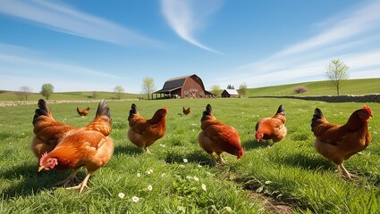 close-up of three plump and healthy hens, with soft, fluffy feathers in shades of golden brown, pecking at lush, emerald-green grass and capturing insects in their beaks, set against a serene natural 