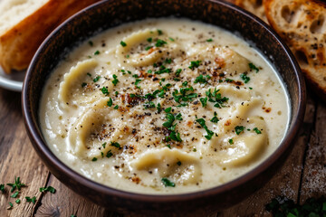 A bowl of delicious Ravioli pasta with creamy sauce and bread on the side