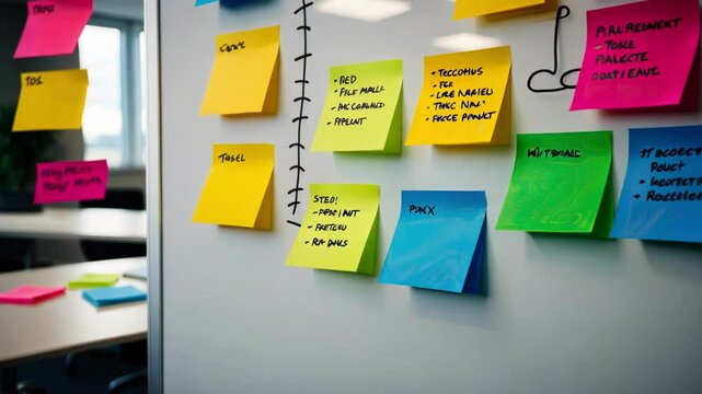 A vibrant office scene featuring colorful sticky notes on a whiteboard, illustrating a collaborative idea generation process