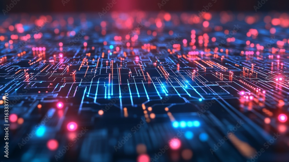 Poster abstract digital circuit board background with glowing particles and light effects representing tech