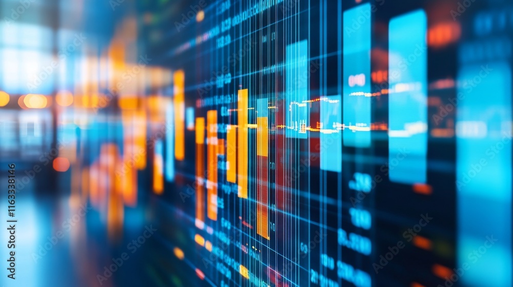 Poster abstract financial data visualization with colorful charts and graphs representing market trends and