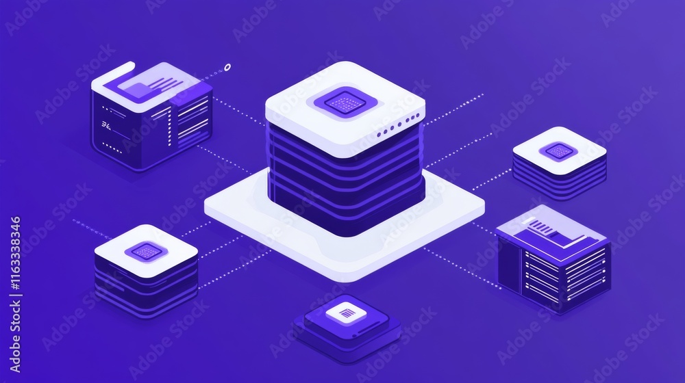 Poster abstract illustration of server technology with vibrant purple color scheme, featuring interconnecte