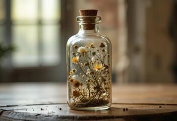 A glass bottle filled with dried flowers and plants, used for home decor