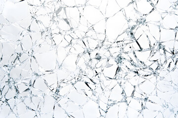 Obraz premium Abstract background with shiny pieces of broken transparent glass on white surface as concept of fake crystals and gems. Broken clear glass is hiatus. Realistic damaged clipart template pattern.