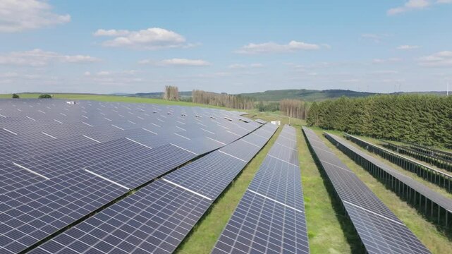 Wideangle droneshot of a huge solarpark in rural Germany