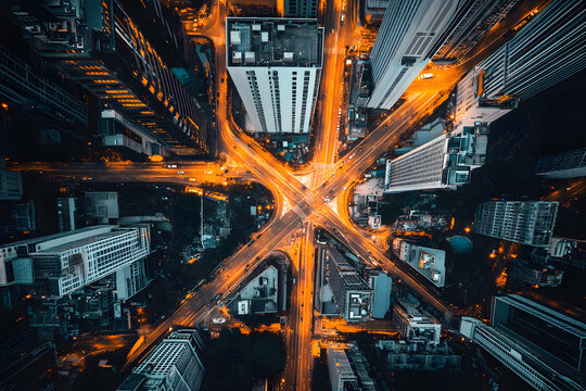Aerial top view of modern city roads traffic and highways intersecting. Bathed in orange sunlight peaceful evening. Transportation public transport or commuter city life. Show street urban development