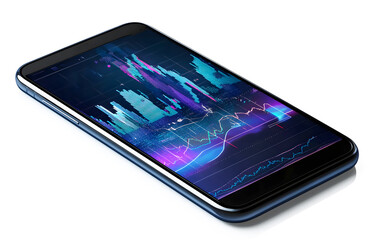 Conceptual image of stock trading on smartphone screen. Symbol mobile stock trading and investment opportunities on white background. Shows dynamic graphs candlestick charts and buy stock button.