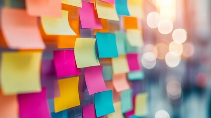 Colorful Sticky Notes on Glass Wall Creating a Vibrant Background in an Office Space, Ideal for Creativity, Planning, and Organization Themes in Visual Content