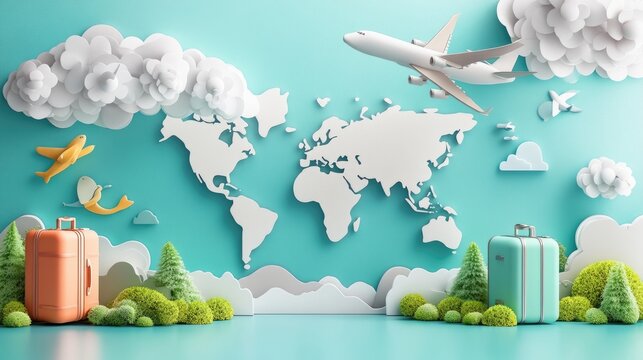 Fototapeta Paper art world map, airplane, suitcases, clouds, and trees.