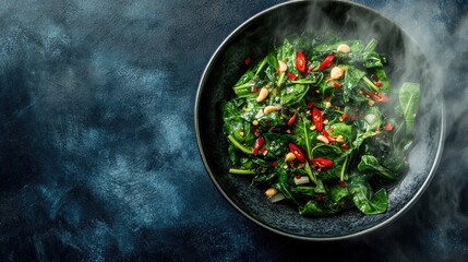 An overhead view of a steaming bowl of water spinach stir-fried with garlic and red chili, with a drizzle of sauce, highlighting the texture and freshness