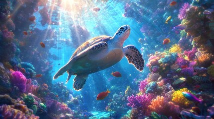 Obraz premium An underwater perspective of a sea turtle basking in the sunlight, with colorful corals and fish surrounding it, emphasizing the beauty of marine habitats