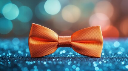 Orange bow tie on a sparkling blue background. Perfect for invitations, fashion, or celebratory themes.