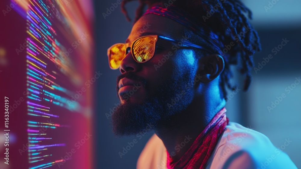 Poster focused individual wearing sunglasses reflecting colorful light while engaged in programming activit